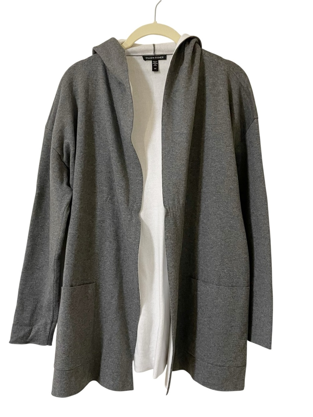 Eileen Fisher Charcoal Gray Hooded Open-Front Cardigan Small Lagenlook